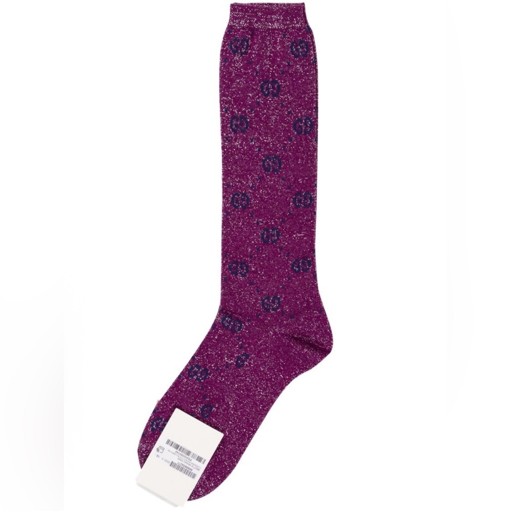 GUCCI SIGNATURE LUREX LOGGINA LOGO GG PATTERN PURPLE BLUE SOCKS XL 12 - Picture 4 of 4